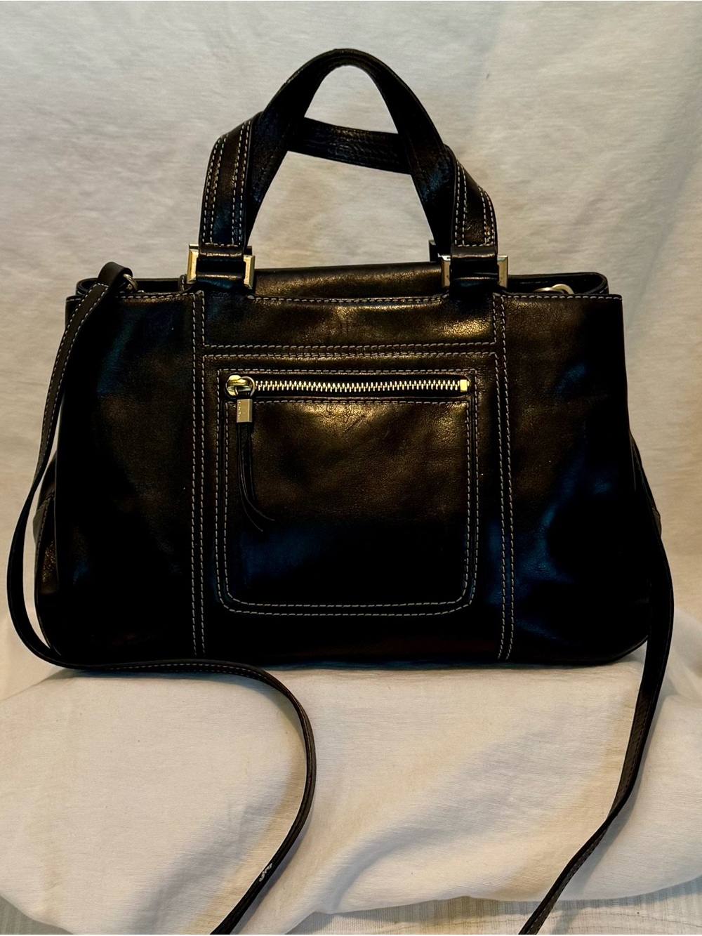 Ellen Tracy Black Leather Shoulder Satchel with Gold Hardware